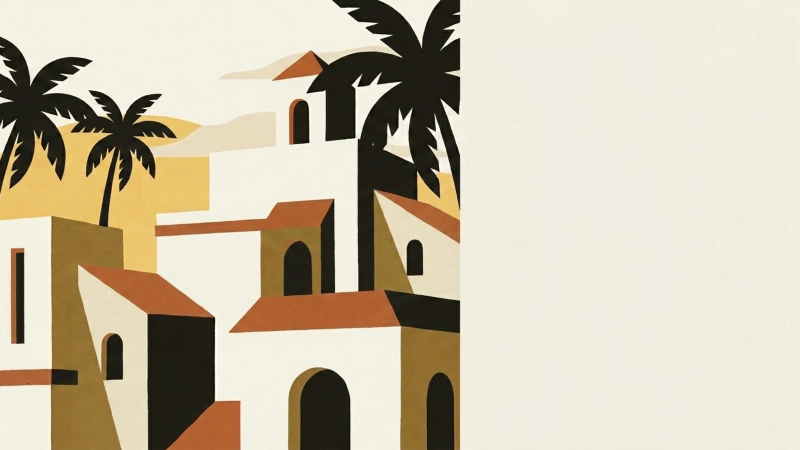 Ilustración editorial: arquitectura tropical caribeña en paleta tierra dorada